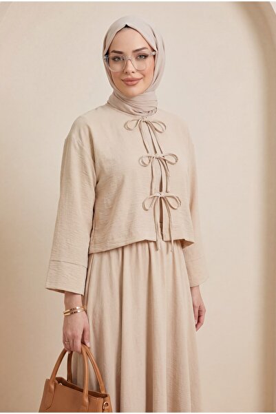 Modamorfo Λινό σετ με δέσιμο μπροστά και φούστα με ελαστική μέση - μπεζ