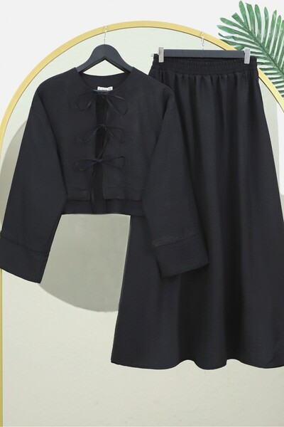 Modamorfo Λινό σετ με δαντέλα μπροστά και φούστα με ελαστική μέση - μαύρο