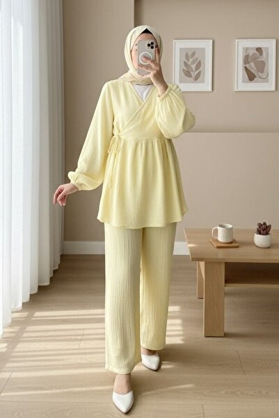 Modamorfo Σετ μουσελίνας με ελαστικό μανίκι και κορδόνια - ανοιχτό κίτρινο