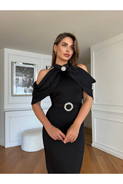 1Moda1Tarz Γυναικείο μαύρο εισαγόμενο καλοκαιρινό ύφασμα κατάδυσης με ζώνη φο...