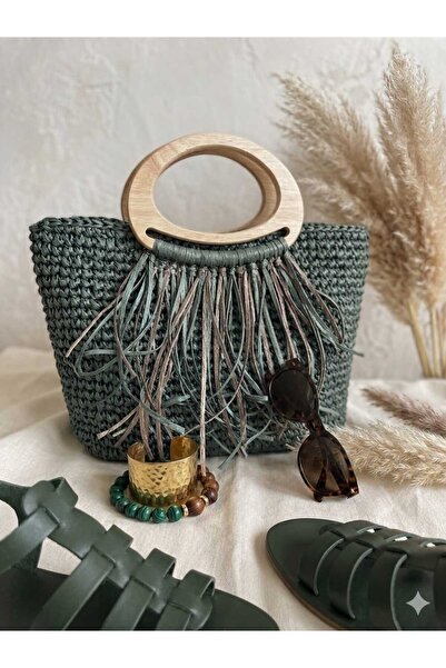 Eylül Deniz Handmade Ahşap Saplı, Püsküllü, El Çantası (Yeşil-Rafya İpten)
