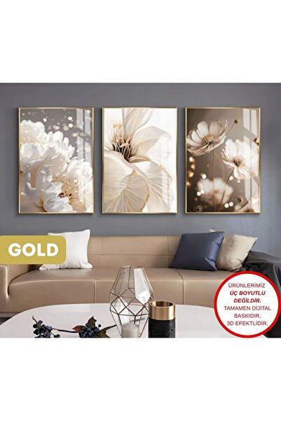 Harika bir ev HARİKABİREV|KREM-GOLD RENK SOFT ÇİÇEK VE SOYUT KOMBİN 2 |ÇERÇEV...