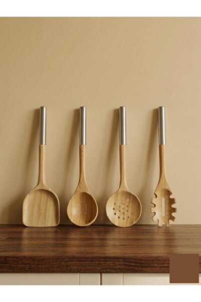 MİS KİTCHEN 5 Parça Bambu Mutfak Gereçleri Seti Metal Saplı Ahşap Kepçe Spatu...