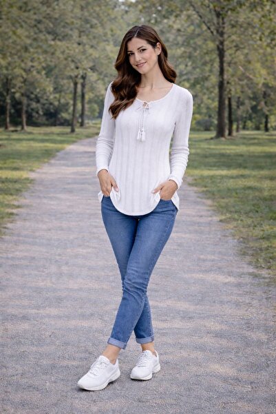 THEBEK Γυναικεία μπλούζα με δεμένο γιακά, από ύφασμα Fır Fır, με μακριά μανίκια