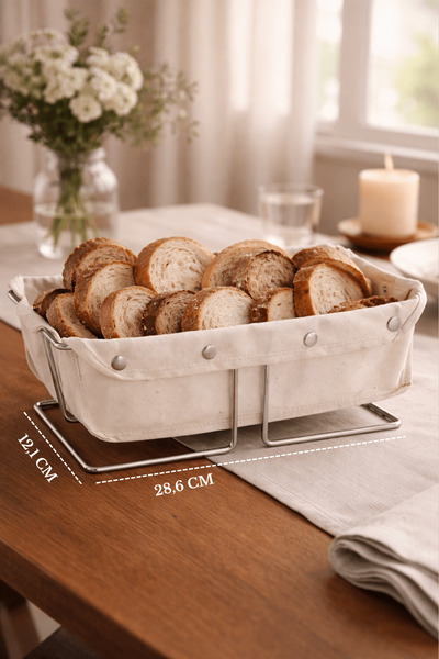 Edora Home Silver Dikdörtgen Ekmek Sepeti Şık,Ekmeklik Bej Kanvas Kumaş-Çok A...