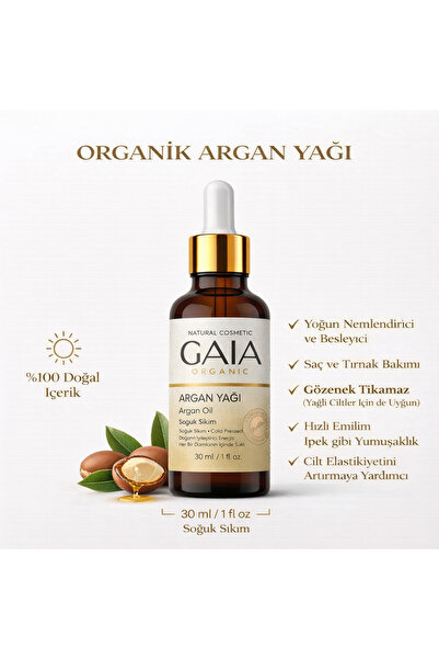 Gaia Organic Soğuk Sıkım Organik Argan Yağı 30 Ml(CAM DAMLALIKLI)