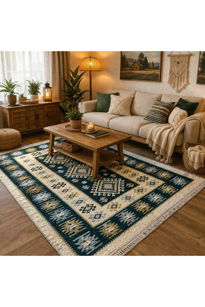 OEM Covor tradițional, dimensiune 200 x 300 cm, verde și crem, model RUSTIC