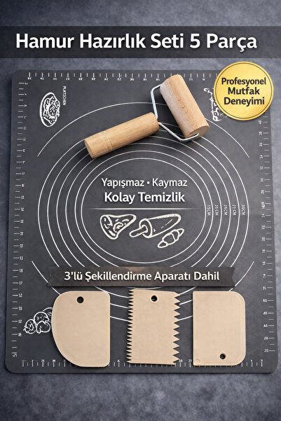 kalitexhome hamur hazırlama seti 5parça Silikon Hamur Matı-Ahşap Hamur Rulosu...