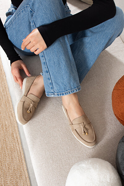 Pazzyonez Kadın Bej Krem Süet Günlük Rahat Oxford Casual Kalvaniz Tokalı Kısa...