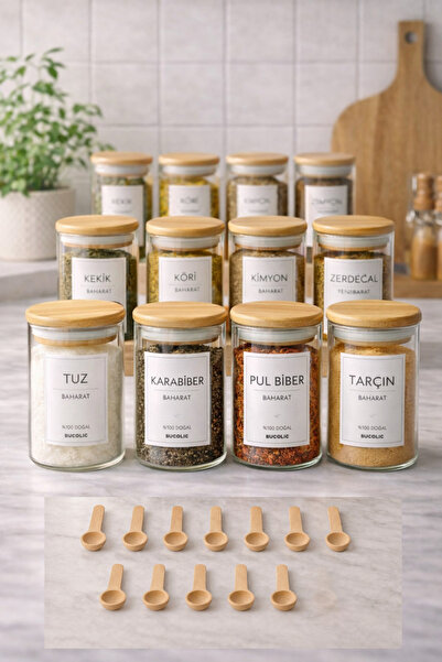 BUCOLIC 12'li Bambu Vakum Kapak Cam Baharatlık Seti 300 ml 12 Adet Ahşap Kaşık