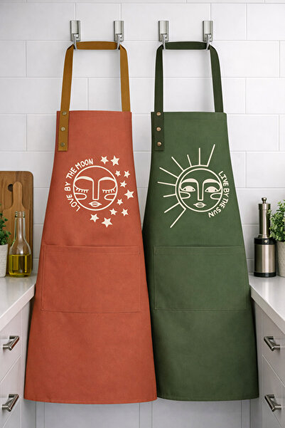 Kitchen Apron Set 2pcs Black Red Stainproof Water Repellent Fabric Fade Proof Printing Dowry Moon Sun Apron