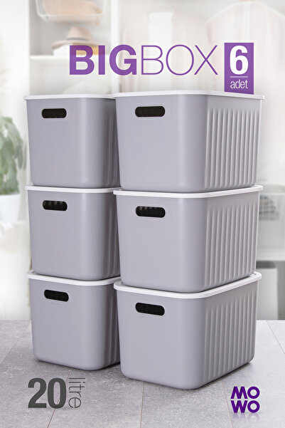 Mowo Home BigBox 20 Lt 6'lı Gri Dolap Düzenleyici Kapaklı Saklama Kutusu Sepe...