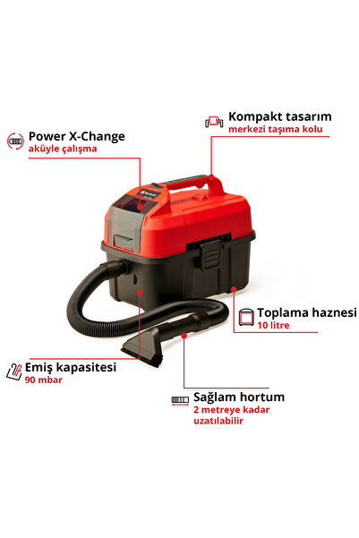 Einhell TE-VC 18/10 Li - Solo, Akülü Islak/Kuru Süpürge (Akü ve şarj cihazı dahil değildir)