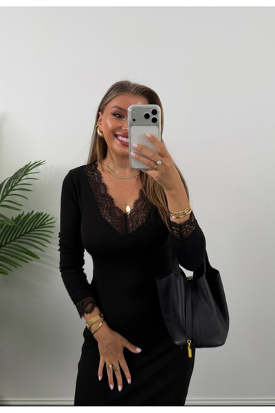 Perry Boutique Γυναικείο μίντι φόρεμα από λύκρα με λεπτομέρεια από μαύρη δαντ...