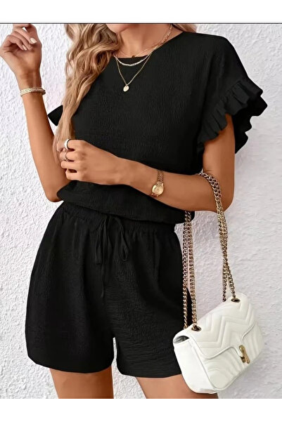 Butik Women's Short Sleeve Crew Neck Wrinkled Blouse and Short Shorts Two-Pie...