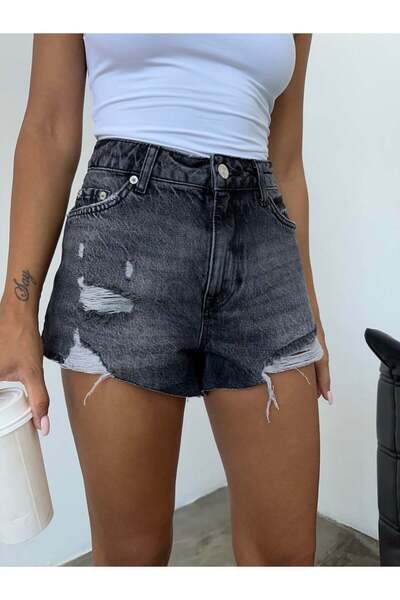 HerTon Yüksek Bel Jean Şort Yırtık Detaylı Kadın Denim Şort
