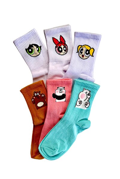 çorapdunyam 6-Pack of Powerpuff Girls & 3 Friends Patterned College Tennis Socks