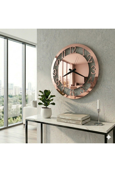 C TASARIM Dekoratif Rosegold Aynalı Duvar Saati