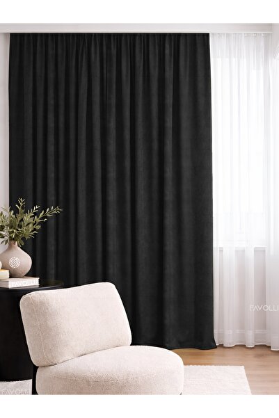 FAVOLLİ Kadife Dokulu Siyah Ada Fon Perde Ekstrafor Büzgülü Dream Series