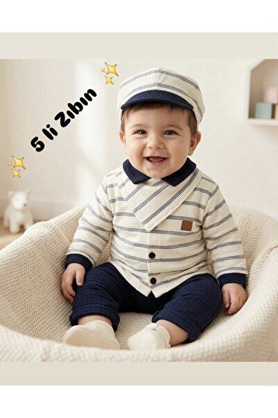 MİNİZEYN TEKSTİL Erkek Bebek Çizgili Smokin Şapka Önlük Eldiven 5' li Zıbın 0...