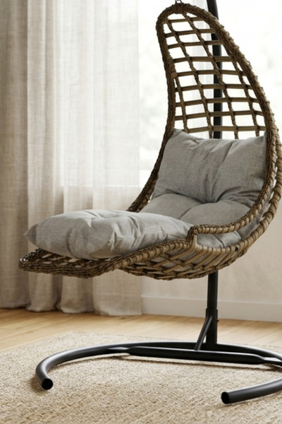 KalyonHome Gardeniza Relax Rattan Tek Kişilik Bahçe Salıncağı Ayak Uzatmalı Balkon Teras Gri