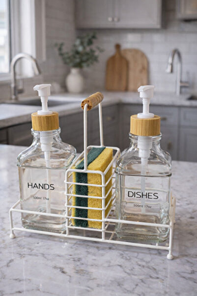 MAKRİ HOME Lüks Stantlı Bambu Kapaklı İkili Cam Sıvı Sabunluk & Deterjanlık S...