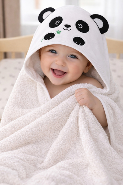Tomuycuk %100 Pamuklu & Başlıklı Bebek Banyo Havlusu - Panda Nakışlı & Havlu-...