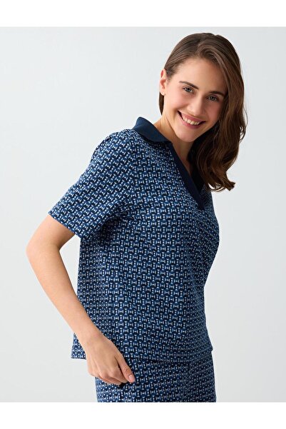 Jimmy Key Πλεκτή μπλούζα με κοντό μανίκι με γεωμετρικό σχέδιο σε μπλε ναυτικό...
