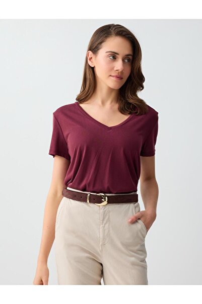Jimmy Key Μπλουζάκι με κοντό μανίκι με λαιμόκοψη σε βυσσινί χρώμα