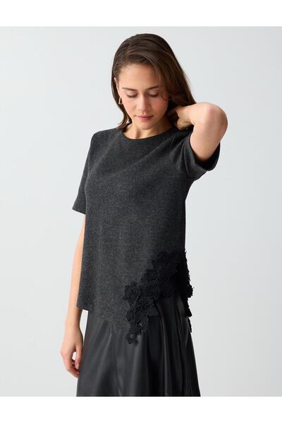 Jimmy Key Πλεκτή μπλούζα από ανθρακί μελανζέ με απαλή υφή και κεντητό σχέδιο