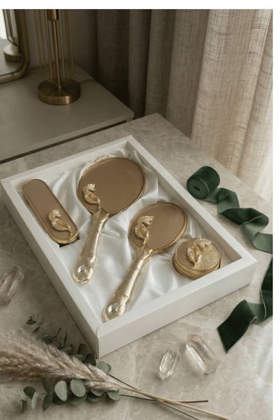 BYC Home & Design Aura Yaprak Handcrafted Dowry Mirror and Comb Set – Golden Bridal Gift 376