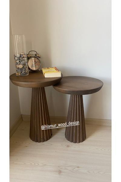 IHLAMUR WOOD DESİGN Fitilli koyu ceviz ikili mantar sehpa