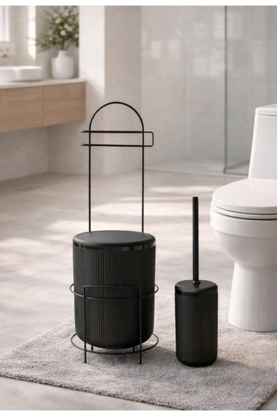 Okyanus Home Siyah Stantlı Wc Kağıtlık LineaYuvarlak Çöp Kovası ve WC Fırça Seti