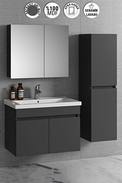 ÖZCEDEN Çiğdem 80+35 cm Antrasit Gri Mat MDF Seramik Lavabolu Sepetli Asma Ba...