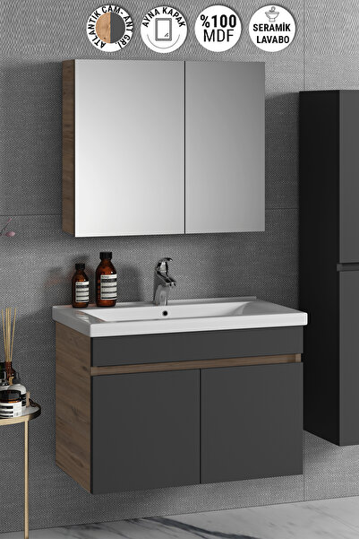 ÖZCEDEN Çiğdem 80 cm Atlantik Çam-Antrasit Gri Mat MDF Seramik Lavabolu Asma ...