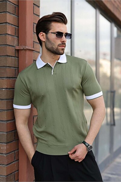 Madmext Ανδρικό πλεκτό μπλουζάκι χακί με γιακά πόλο E7470