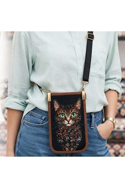 Mini Telefon Çantası - Ayarlanabilir Askı, Kart Bölmeli, Kedi Desenli