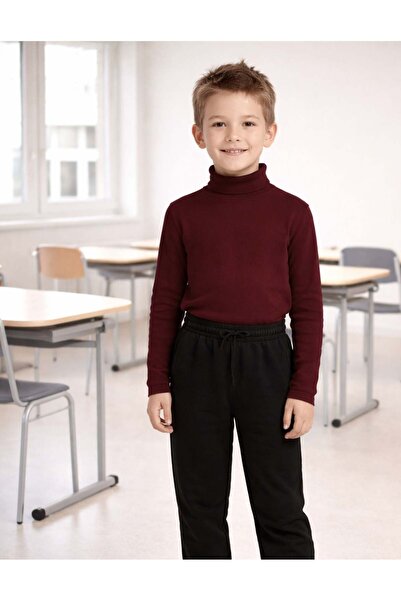OrganicKid Basic Unisex Çocuk Bordo Yarım Balıkçı Yaka Uzun Kollu T-shirt