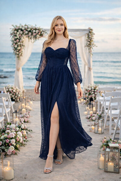 gökkuşagı moda Lacivert Uzun Kollu Dantel Kare Yaka Yırtmaçlı Uzun Abiye Elbise