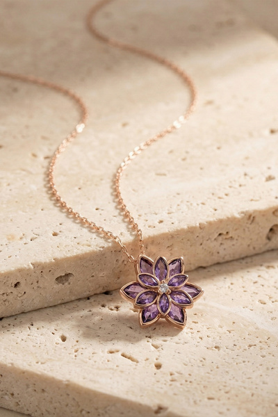VAOOV 925 Ayar Gümüş Mor Taşlı Lotus Çiçeği Kolye