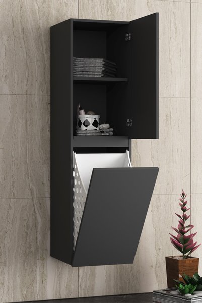 ÖZCEDEN Çiğdem 80+35 cm Antrasit Gri Mat MDF Seramik Lavabolu Sepetli Asma Banyo Dolabı Takımı