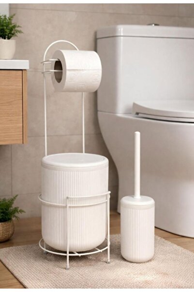 Okyanus Home Beyaz Stantlı Wc Kağıtlık LineaYuvarlak Çöp Kovası ve WC Fırça Seti
