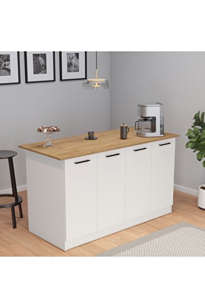UMGMOBİLYA Patentli 160lık Benzila Meşe Beyaz Siyah Kulplu Ada Mutfak Mutfak ...