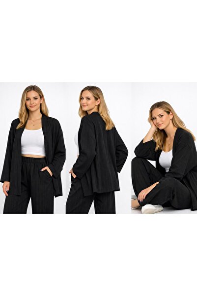 PLA STORE Μαύρο Seersucker Kimono Bottom Top Σετ