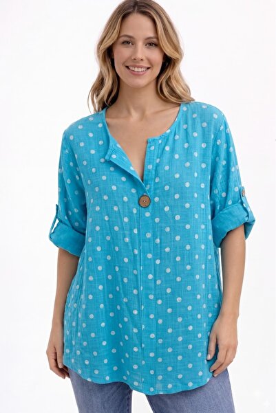 AYASOFYA OTANTIK Γυναικεία ιταλική μπλούζα τουνίκ με τιρκουάζ πουά σχέδιο, με...