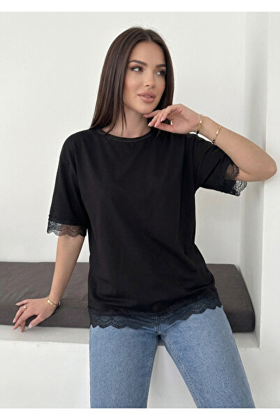 FOORS Γυναικείο μπλουζάκι με δαντέλα και λεπτομέρειες, με λαιμόκοψη ποδηλάτου...