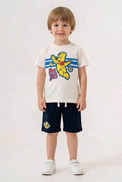 Haribo بدلة شورت قطن ممشط للأولاد / كريمي - أزرق داكن