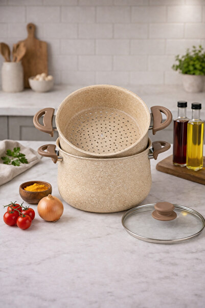 LAVONNI NaturaSteam Kuskus Tenceresi Granit Buharlı Tencere Seti – Süzgeçli, ...