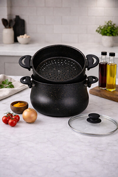 LAVONNI Naturasteam Couscous Pot Granite Steam Pot Set Black – with Strainer,...