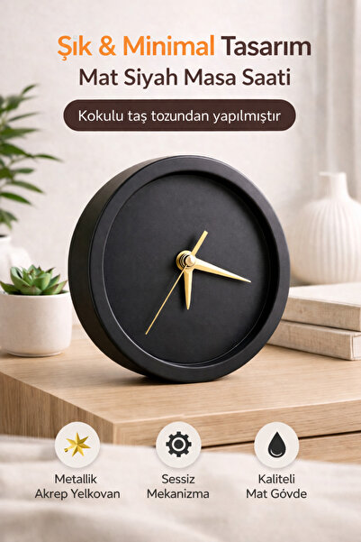 Sese Home Concept Modern Mat Siyah Taş Tozu Masa Saati - Gold Akrep Yelkovan ...